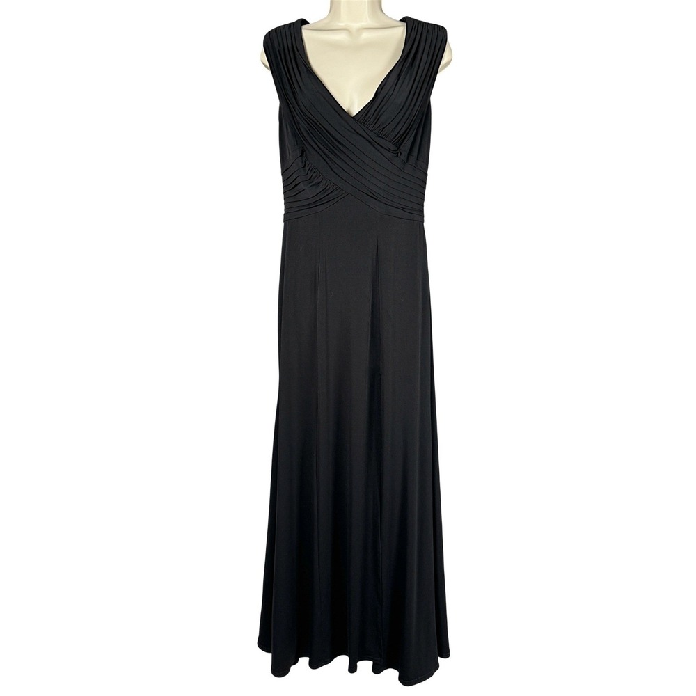 Tadashi‎ Collection Black Sleeveless Maxi Dress Ruched Neck Front Slit Gown Sz S